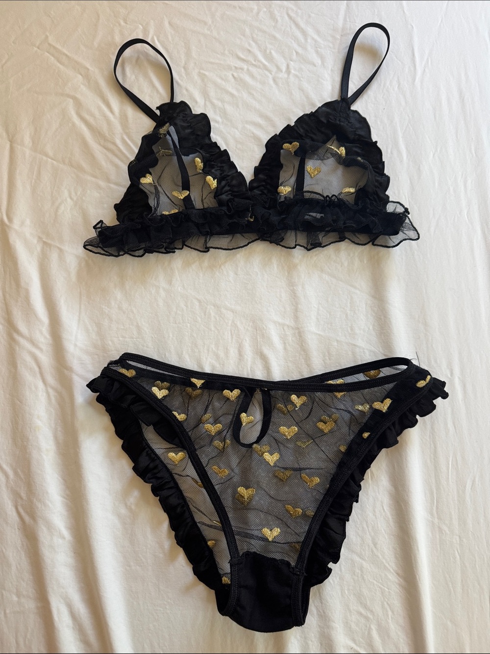 Le Petit Trou Ruffled Triangle Silk Bra (S) Black with Gold Hearts & Panty (M)